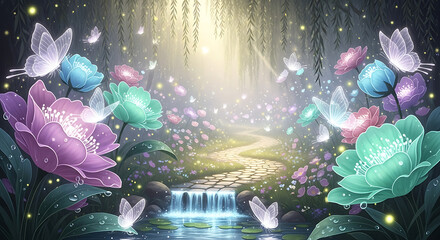 Enchanting magical forest waterfall with glowing flowers and fluttering butterflies