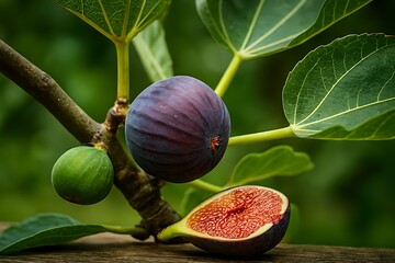 Ripe purple fig on a branch with a cut fig and green leaves.