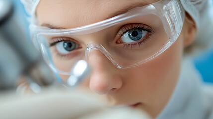 Focused lab researcher with clear protective eyewear. Determination etched on her face. Eye contact exudes dedication. Close-up shot captures her intensity and commitment.