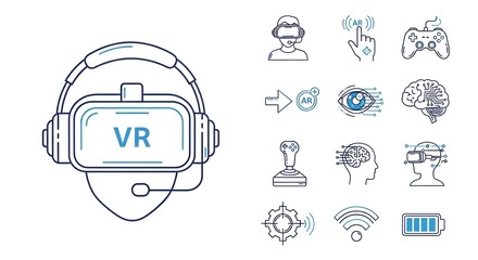 Illustration of vr headset, augmented reality and gaming technology icons on a white background