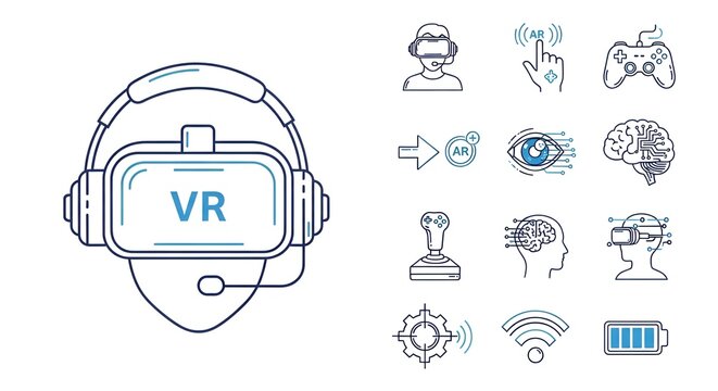 Illustration of vr headset, augmented reality and gaming technology icons on a white background
