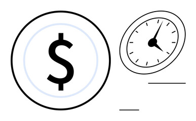 Dollar symbol and clock highlight the value of time in financial decisions. Ideal for time management, efficiency, business strategy, productivity, finance, deadlines, and work-life balance. Simple