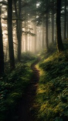 Fototapeta premium Forest Path with Morning Sunlight and Green Trees