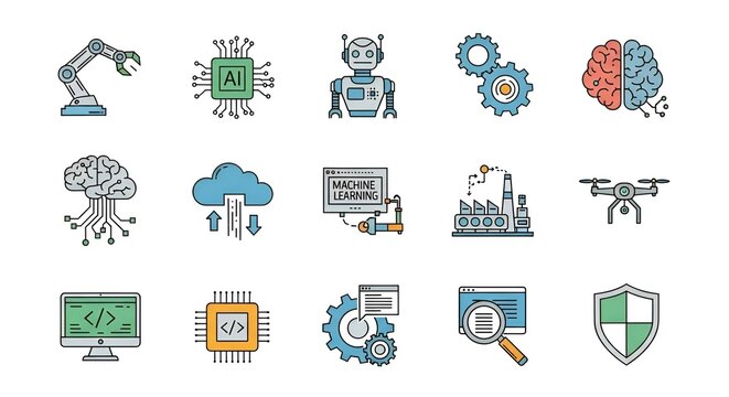 Collection of artificial intelligence and machine learning related icons on white background
