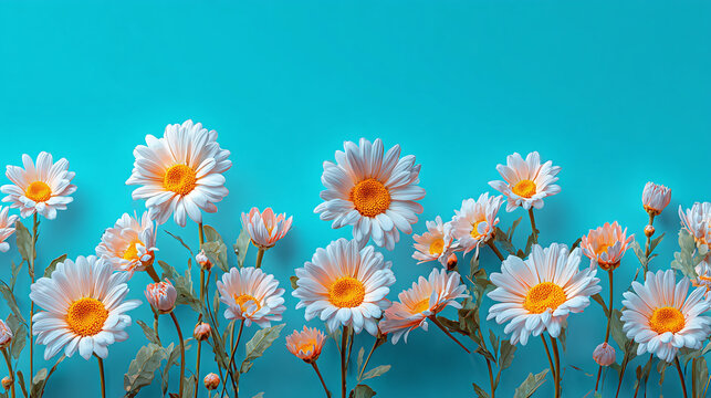A field of blooming daisies against a bright teal background