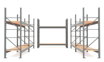 Heavy-duty industrial shelving racks with wooden shelves inside a warehouse. Steel storage system designed for logistics and inventory management. 3D rendering.