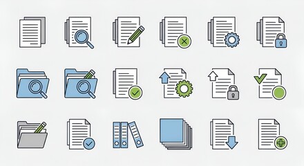 Various document and folder icons with symbols representing different actions and statuses shown