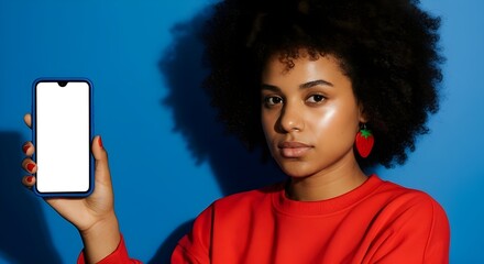 Confident young Black woman holding blank screen smartphone for app mockup on bright blue background