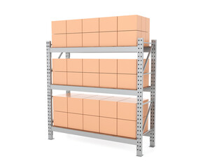 Industrial warehouse racking system with stacked pallet boxes on heavy-duty steel shelves in a logistics storage facility. 3D rendering
