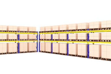 Industrial warehouse racking system with stacked pallet boxes on heavy-duty steel shelves in a logistics storage facility. 3D rendering