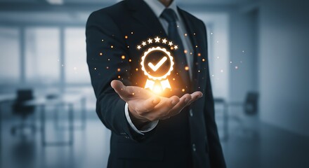 Providing the best quality. A manager shows a certified approval symbol, representing trust, reliability, and a premium service guarantee in a modern office