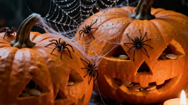 Halloween Pumpkins with Spiders and Webs