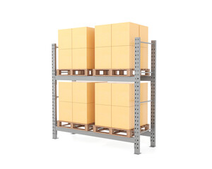 Industrial warehouse racking system with stacked pallet boxes on heavy-duty steel shelves in a logistics storage facility. 3D rendering