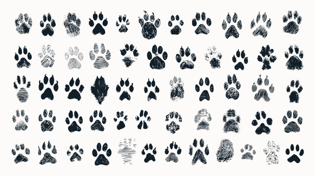 Various Paw Prints and Patterns of Different Animals on a Light Background