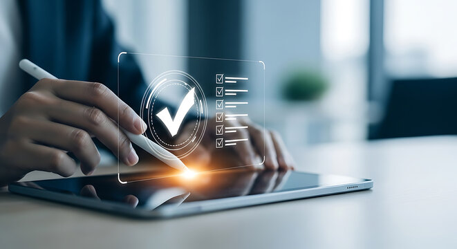 Woman using stylus on tablet with checklist graphic, confirming items and completing tasks in business