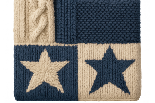 Knitted patchwork blanket detail with stars and cable pattern in navy blue and cream beige, transparent background - Powered by Adobe