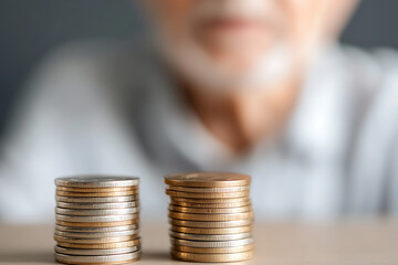 Elderly man contemplating stacked coins, representing savings, retirement planning, or financial concerns. Two piles of coins symbolize comparing current and future wealth.