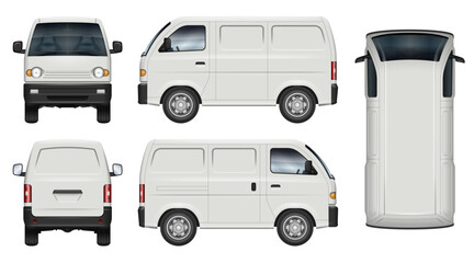 Small van vector mockup in white for vehicle branding, corporate identity. View from the side, front, back, top. All elements in the groups are in separate layers for easy editing and recolor.
