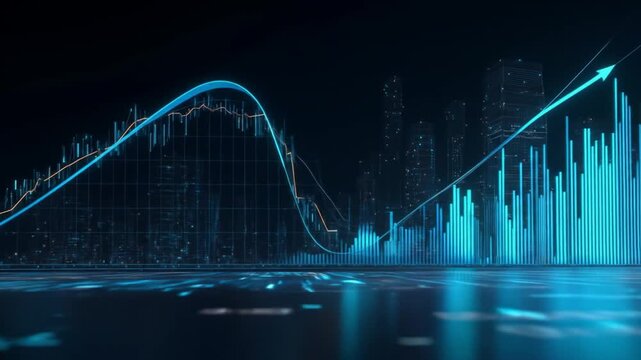 Abstract financial market data visualization with blue graphs and cityscape - Powered by Adobe
