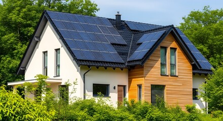 Sustainable modern residential house with photovoltaic solar panels on the roof and natural wood siding.