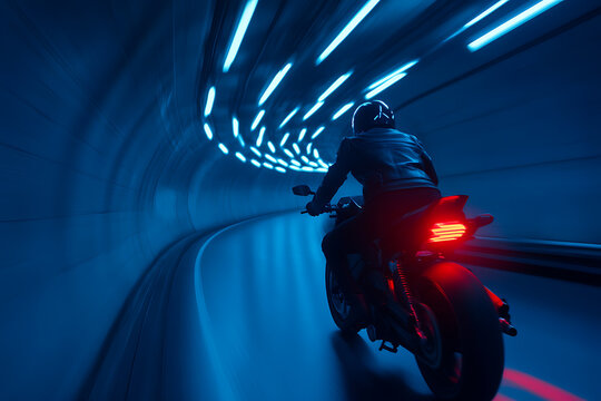 A motorcyclist rides through a futuristic tunnel illuminated by neon blue lights, creating a dynamic sense of speed and motion. The red taillight glows brightly. - Powered by Adobe