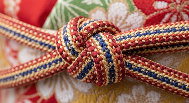 Detailed close-up of traditional kimono obi knot with intricate patterns
