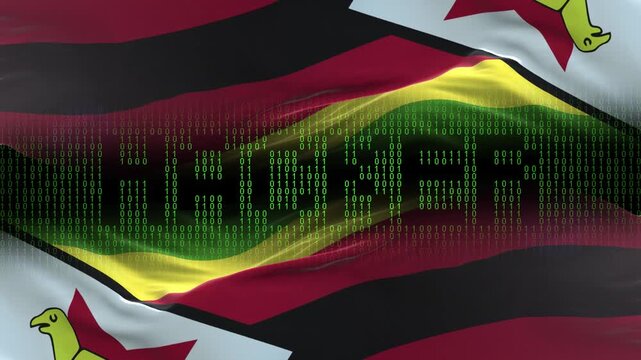 Zimbabwe flag - Waving flag on matrix binary code background