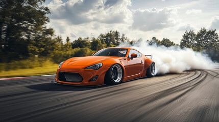 Fototapeta premium A vibrant orange sports car drifts on a racetrack, leaving a trail of smoke against a backdrop of green trees and a cloudy sky.