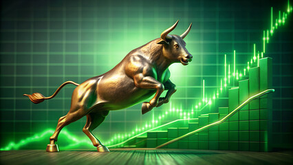 Golden bull trend surge in financial market with rising graph and investor optimism on green grid background