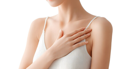 Woman Holding Hand on Chest for Breast Cancer Awareness Support Concept