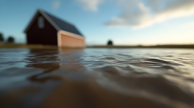 Water ripples capture the after effects of a storm in a serene setting, with a blurred farmhouse in the background under a soft, cloud-dotted sky. Peaceful yet compelling.