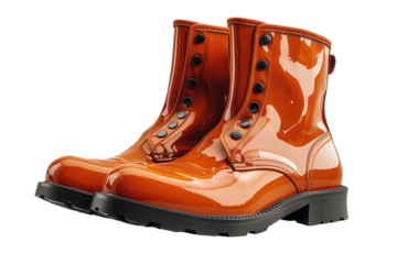 Pair of shiny orange patent leather ankle boots with black soles and button details on transparent background