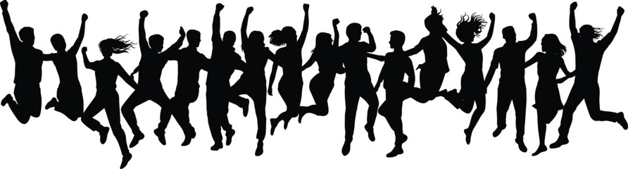 Silhouette of happy people jumping together in celebration, symbolizing teamwork, friendship, unity, success, freedom, joy, positive energy, and motivation.
