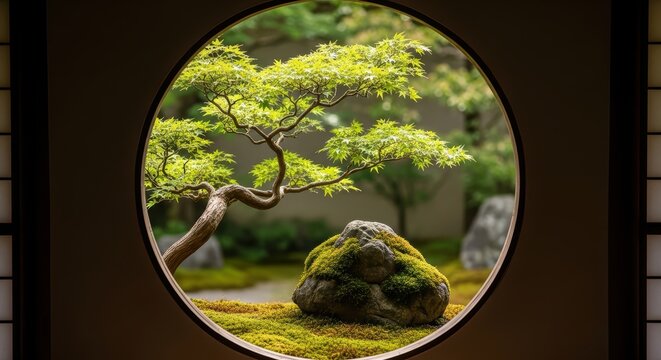 Serene japanese garden view through circular window with bonsai tree and moss rock