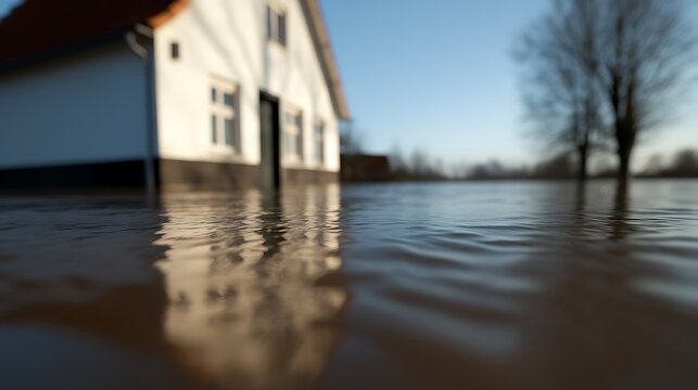 Floodwaters surround a quaint white house with a red roof under a clear sky, reflecting the building's silhouette and nearby trees. A stark reminder of nature's power.