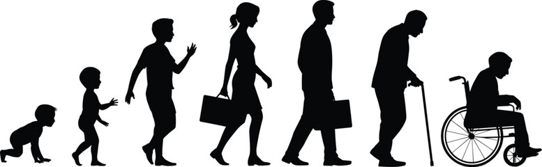 Silhouette of human life stages from baby to old age, showing growth, maturity, and aging process, isolated on white background.