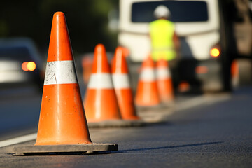A line of orange and white safety cones stretches down an asphalt road, signifying caution. A construction worker stands by a truck, ensuring safety on the street.