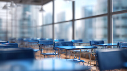 Empty classroom with a cityscape view through the window. Rows of blue desks and chairs are arranged in the room, creating a sense of anticipation and order. The natural light fills the space.