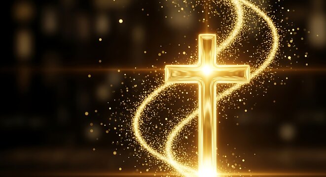 Golden Christian Cross with Sparkles on Dark Background