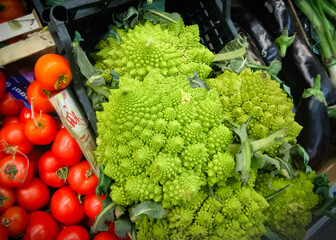 Romanesco broccoli at a vegetable market in Italy