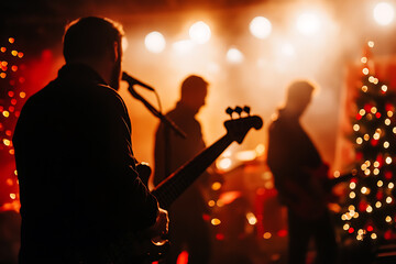 A silhouette of a band performing on stage with a Christmas tree glowing in the background, creating a festive atmosphere filled with music and bright lights.