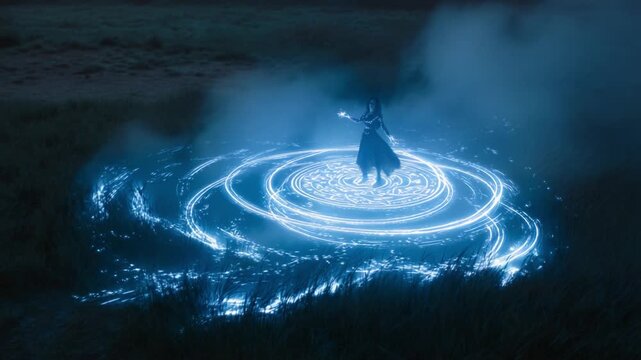 A mysterious figure stands amidst swirling magical energy, surrounded by ethereal blue light in a foggy landscape, channeling powerful sorcery and enchantment.