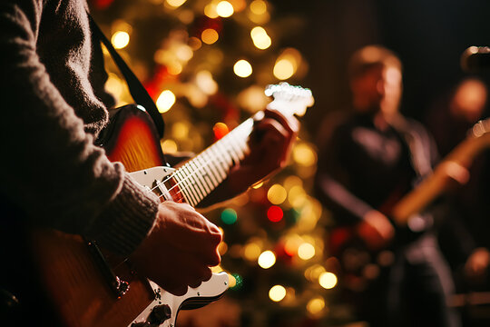 Festive tunes fill the air as a musician strums an electric guitar, set against a backdrop of twinkling Christmas lights. Holiday music at its finest!