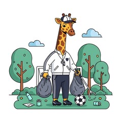 Animated giraffe in athletic wear holding trash bags and a grabber, collecting litter from a park with a soccer ball