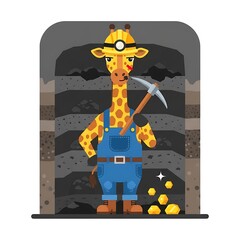 Animated giraffe, wearing a hard hat and overalls, holding a pickaxe in a coal mine with golden coins