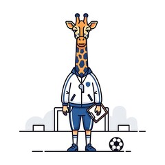 Animated giraffe sports coach, wearing team attire, holding a clipboard, standing before a soccer goal and ball