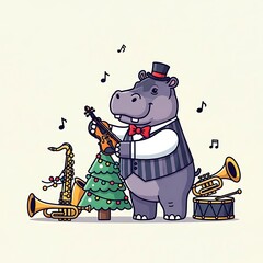 Animated hippo in formal wear, surrounded by musical instruments and a decorated Christmas tree, musical notes float around
