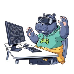 Animated hippo wearing VR headset, gaming on computer, with pixelated controller graphic on shirt. Sitting at desk