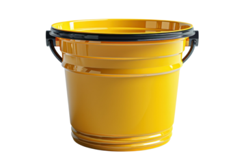 Yellow plastic bucket with black handle for industrial or household use on transparent background