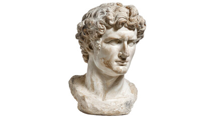 Ancient marble bust of a man with curly hair classical Greek Roman style sculpture isolated on white background